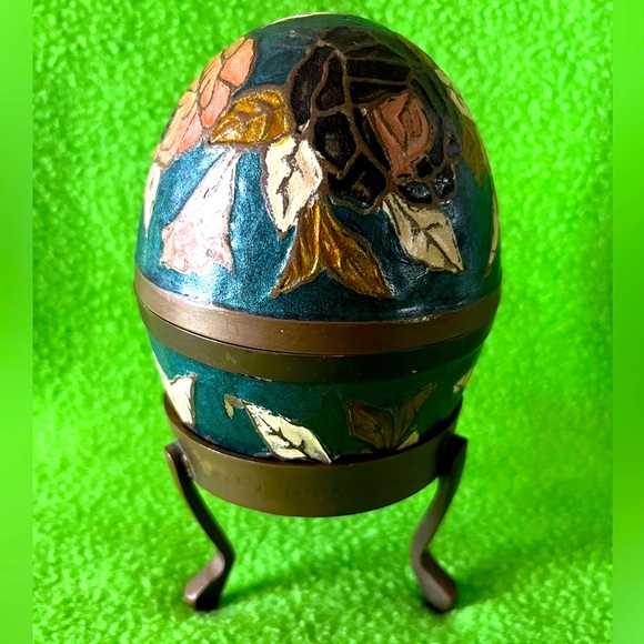 Vintage Brass Cloisonne Egg Trinket Holder on
Brass Stand - Picture 2 of 8